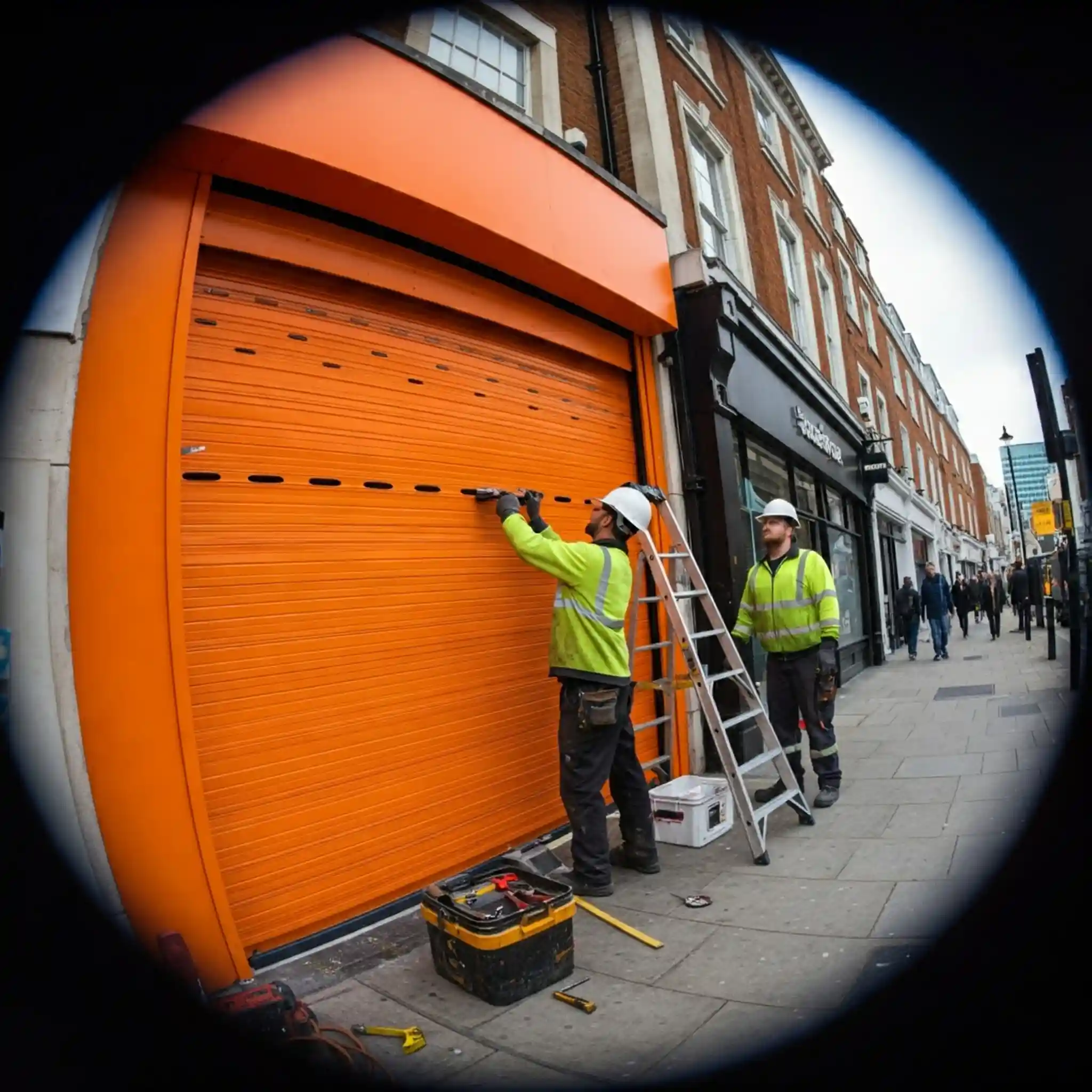 Modern roller shutter system undergoing expert repair by an Bushey Mead engineer
